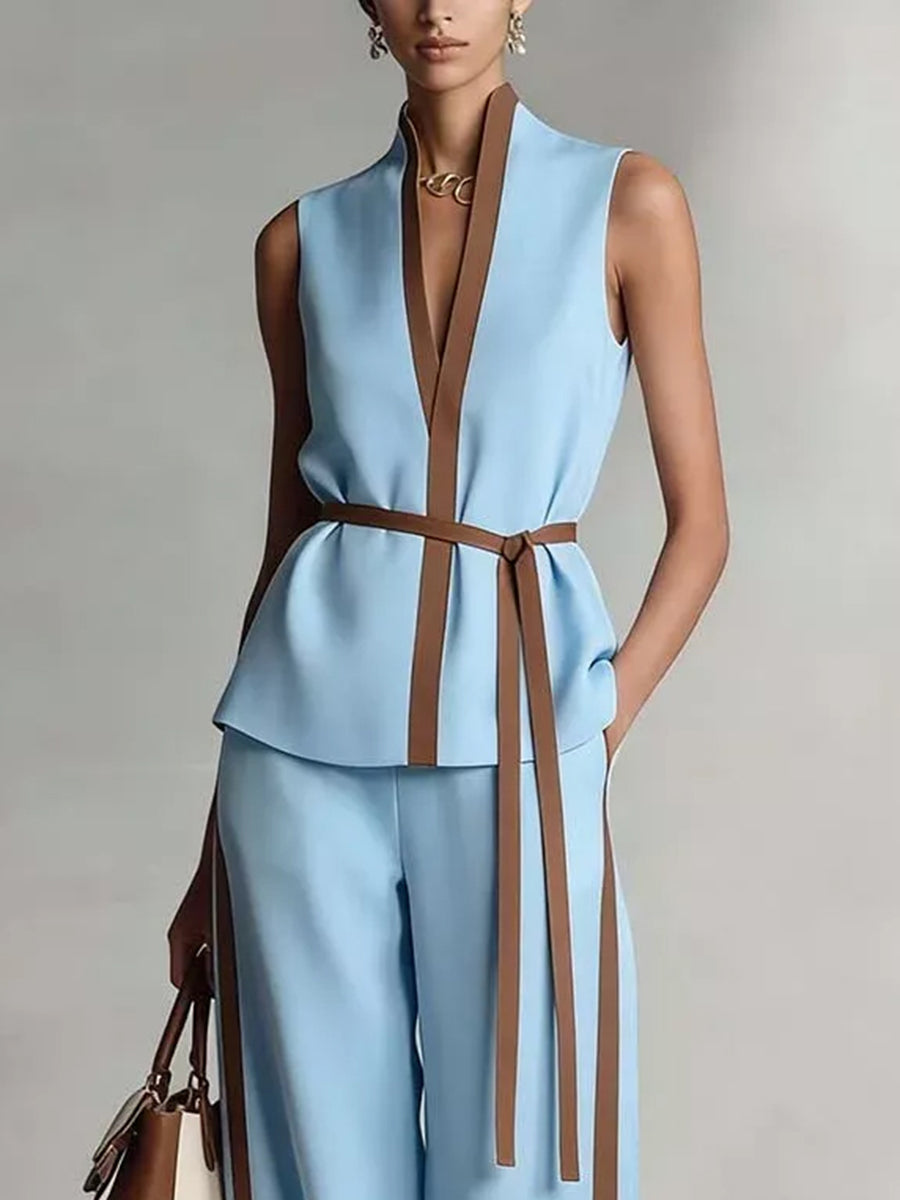 Loose Sleeveless Contrast Color Tied Waist V-neck Tank Top