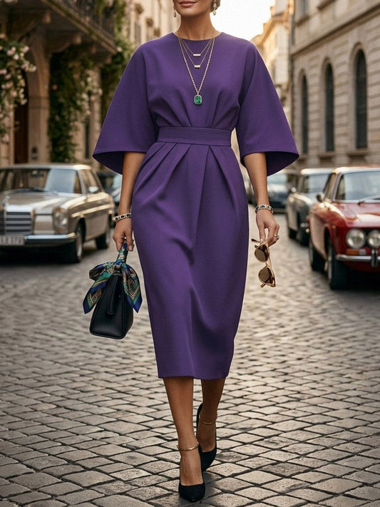 Batwing Sleeves Elasticated Waist Pleated Solid Color Split-Joint Round-Neck Midi Dresses