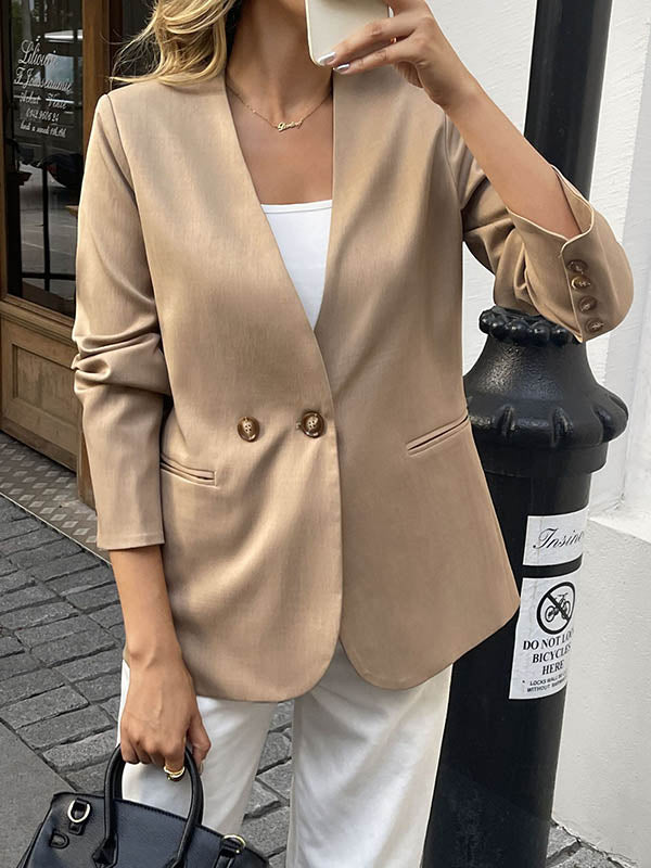 Long Sleeves Loose Buttoned Solid Color Split-Joint Collarless Blazer Outerwear