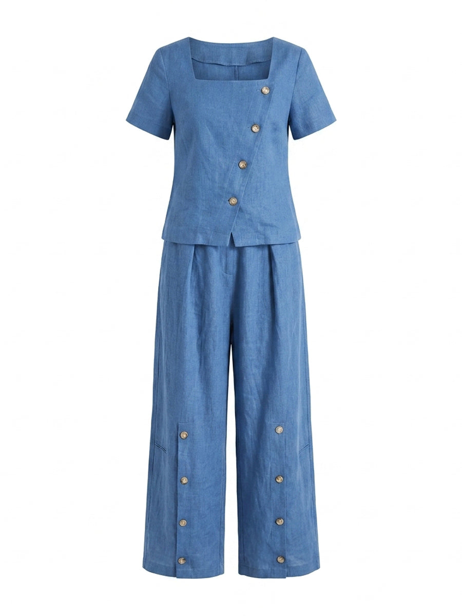 Loose Wide Leg Buttoned Pockets Solid Color Pants Trousers