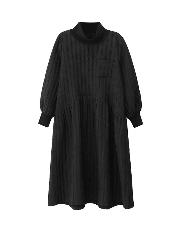 A-Line Long Sleeves Embossed Pockets Quilted Solid Color Split-Joint High Neck Midi Dresses Sweater Dresses