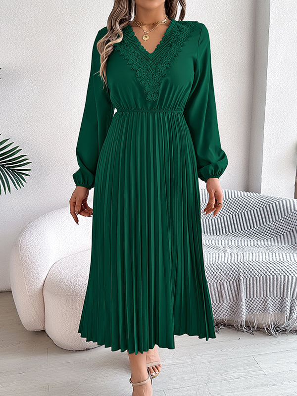 Elasticated Waist High Waisted Pleated Solid Color V-Neck Midi Dresses