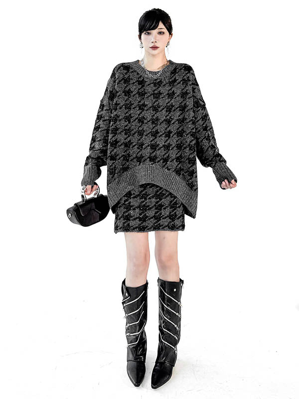Contrast Color Split-Joint Ribs Shiny Swallow Gird/Houndstooth Round-Neck Sweater Tops + A-Line Elasticated Waist Skirts Bottoms  Two Pieces Set