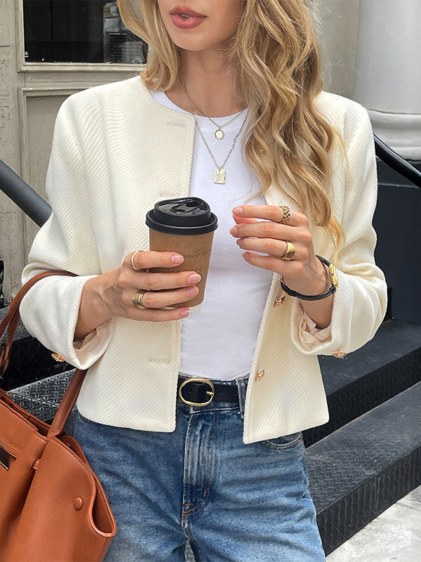 Long Sleeves Skinny Buttoned Single-Breasted Solid Color Striped Collarless Outerwear