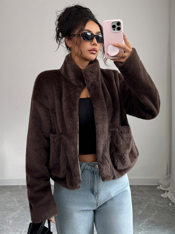 Long Sleeves Loose Pockets Solid Color Zipper Stand Collar Outerwear Sweater Tops