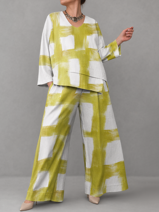 Contrast Color Printed V-Neck Long Sleeves Asymmetric Blouses&Shirts Tops + High Waisted Pockets Pants Trousers Two Pieces Set