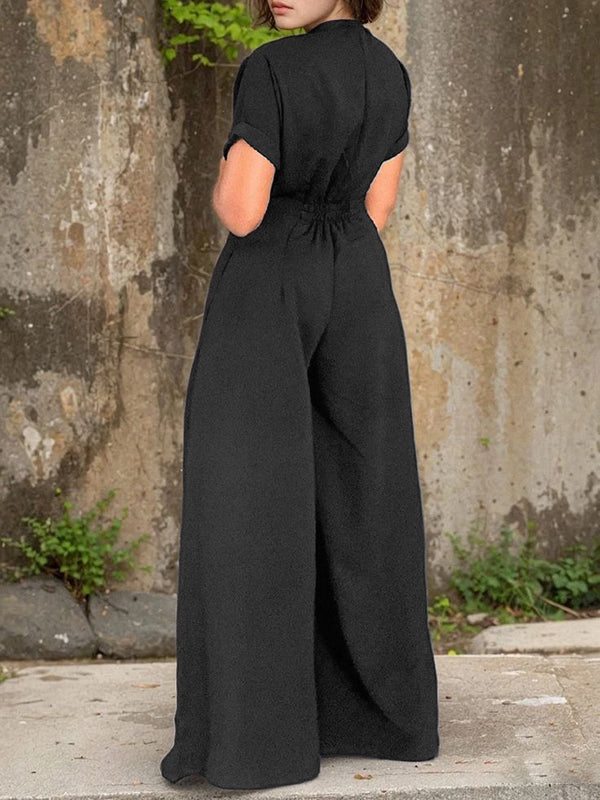 Short Sleeves Wide Leg Elasticity Pleated Split-Joint Zipper Round-Neck Jumpsuits
