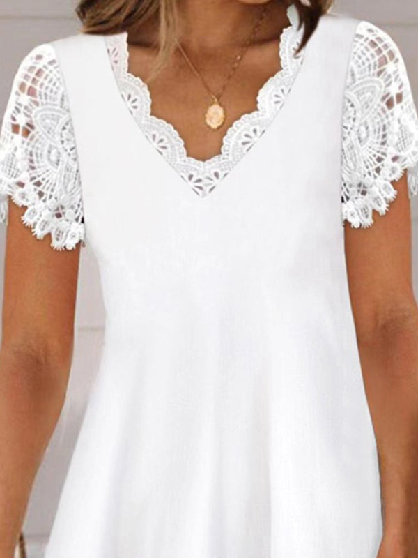 Loose Short Sleeves Solid Color Split-Joint V-Neck Mini Dresses