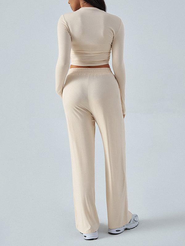 Long Sleeves Loose Solid Color Round-Neck T-Shirt Top + Drawstring Elasticity Pockets Pants Bottom Two Pieces Set