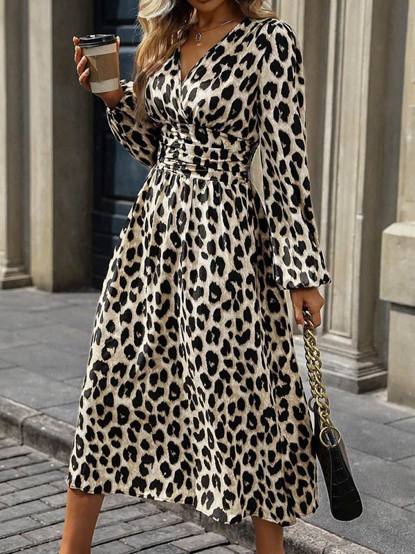 Elasticated Waist High Waisted Contrast Color Leopard Pleated Split-Joint V-Neck Maxi Dresses