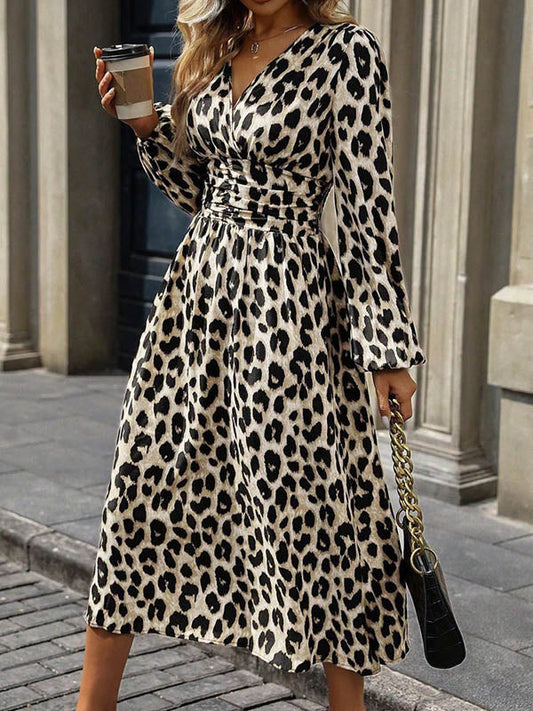 Elasticated Waist High Waisted Contrast Color Leopard Pleated Split-Joint V-Neck Maxi Dresses