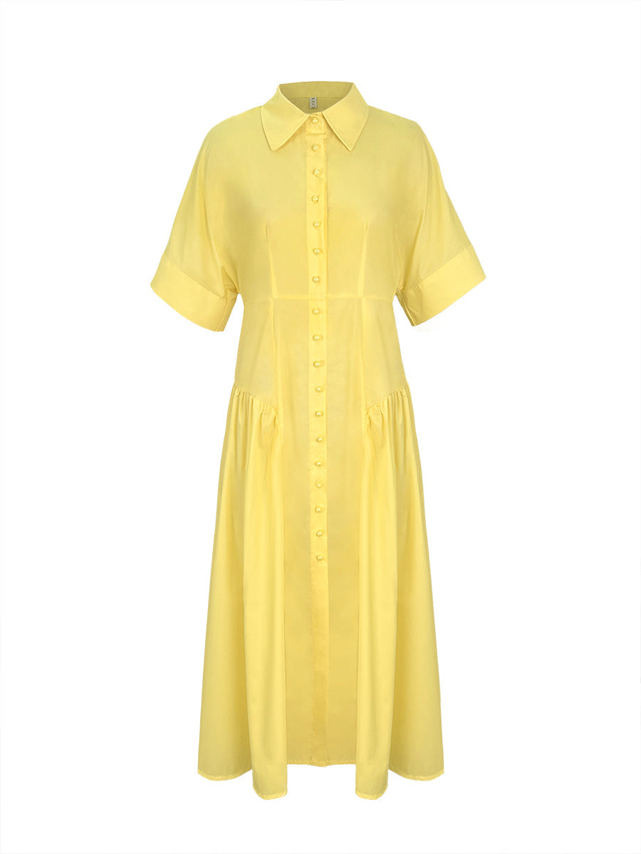 Loose Short Sleeves Buttoned Pleated Solid Color Lapel Collar Midi Dresses Shirt Dress