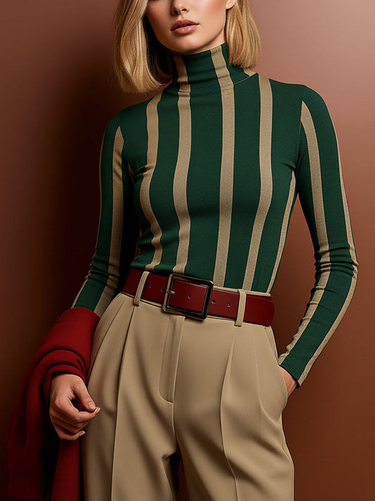 Long Sleeves Skinny Contrast Color Split-Joint Striped High Neck Blouses&Shirts Tops