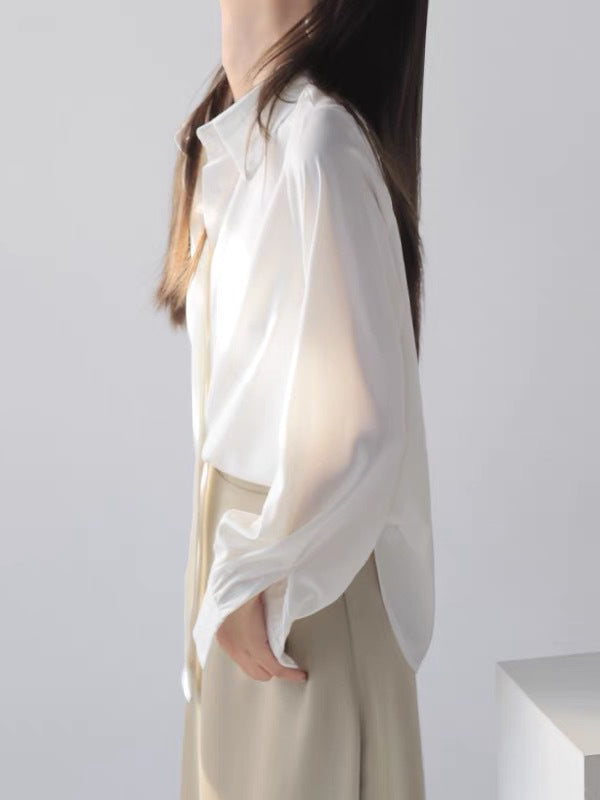 Casual Long Sleeves Loose Solid Color Lapel Collar Blouses&Shirts Tops