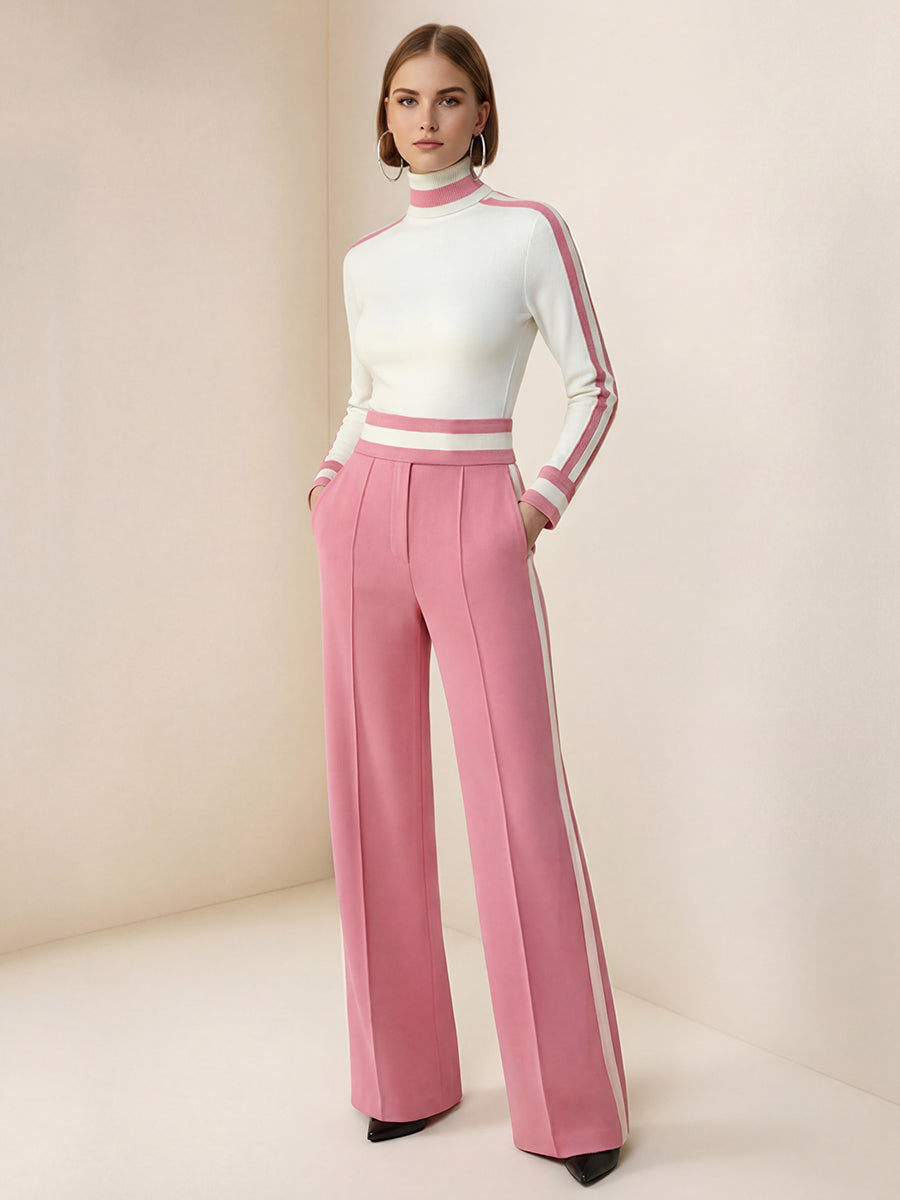 Long Sleeves Skinny Contrast Color Split-Joint Striped High Neck T-Shirts Tops