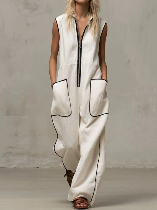 Loose Sleeveless Contrast Color Line Pockets Split-Joint Zipper Stand Collar Jumpsuits