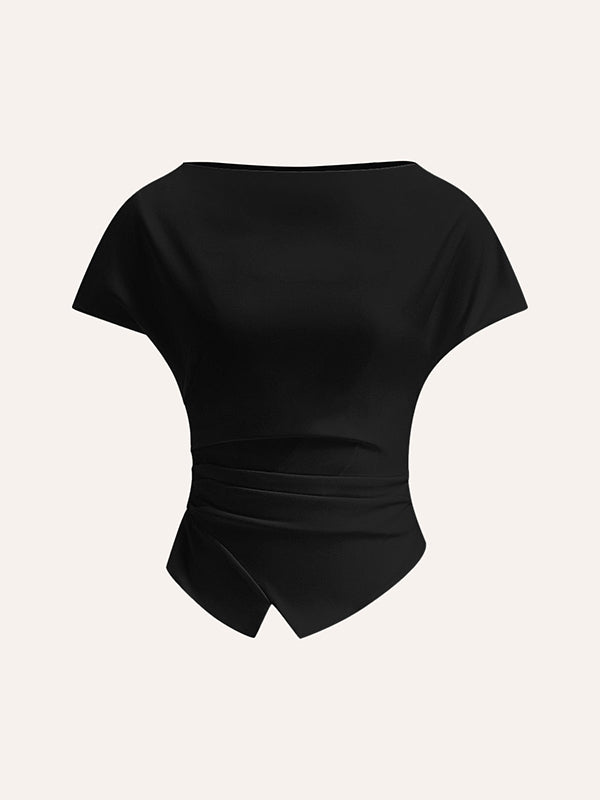 Loose Raglan Sleeve Asymmetric Pleated Solid Color Split-Joint Round-Neck T-Shirts