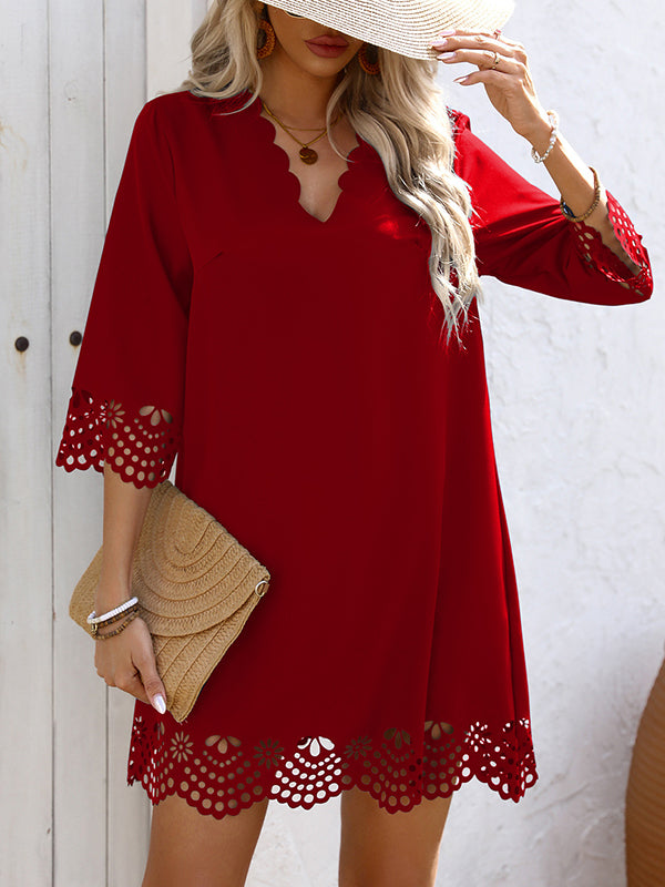 A-Line Loose Hollow Solid Color V-Neck Mini Dresses