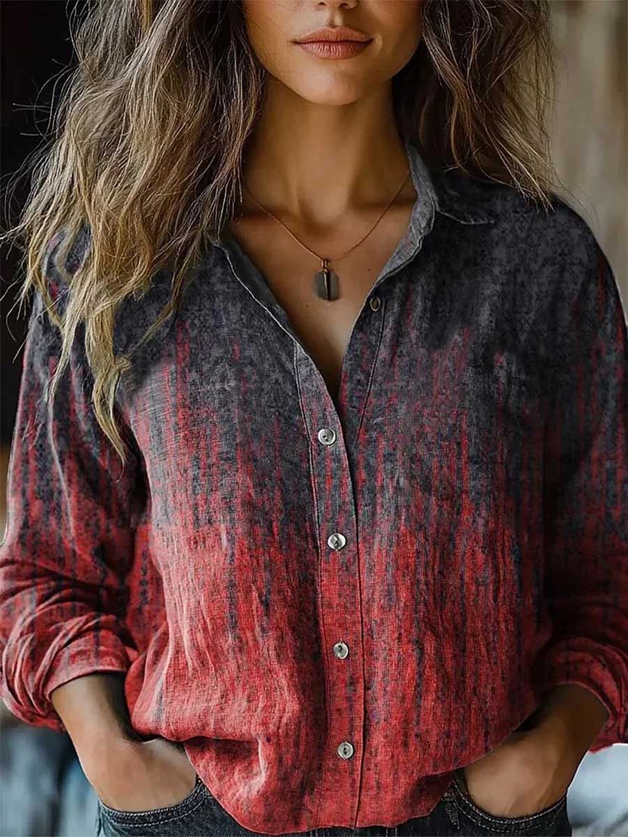Long Sleeves Loose Buttoned Contrast Color Printed Split-Joint Lapel Blouses&Shirts Tops