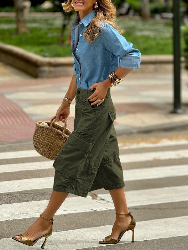 Loose Wide Leg Buttoned Pockets Solid Color Split-Joint Capri-Pants Cropped Trousers