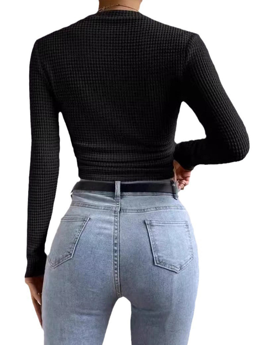 Long Sleeves Skinny Pleated Solid Color Split-Joint Textured Waffle Check Round-Neck T-Shirts Tops