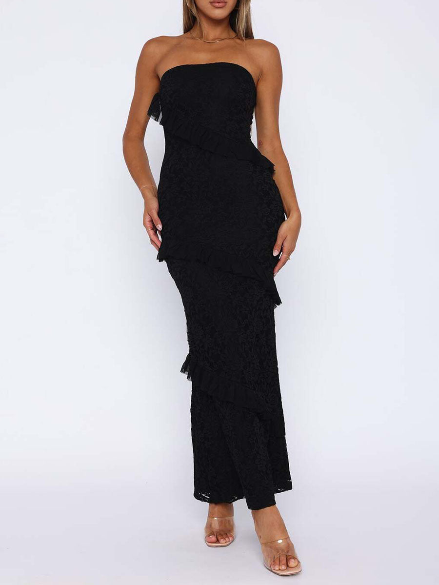 A-Line Bodycon Ruffled Solid Color Split-Joint Tube Midi Dresses