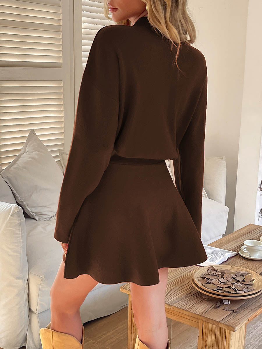 A-line High Waisted Elasticity Solid Color Round-neck Mini Dresses Sweater Dresses