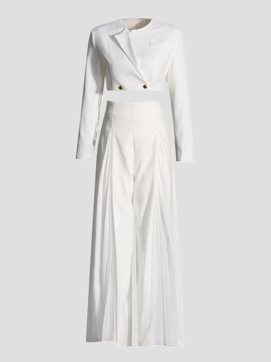 Long Sleeves Buttoned Solid Color Split-Joint Round-Neck Blazers Top + Zipper Wide Leg Mesh Pleated Pants Bottom Two Pieces Set