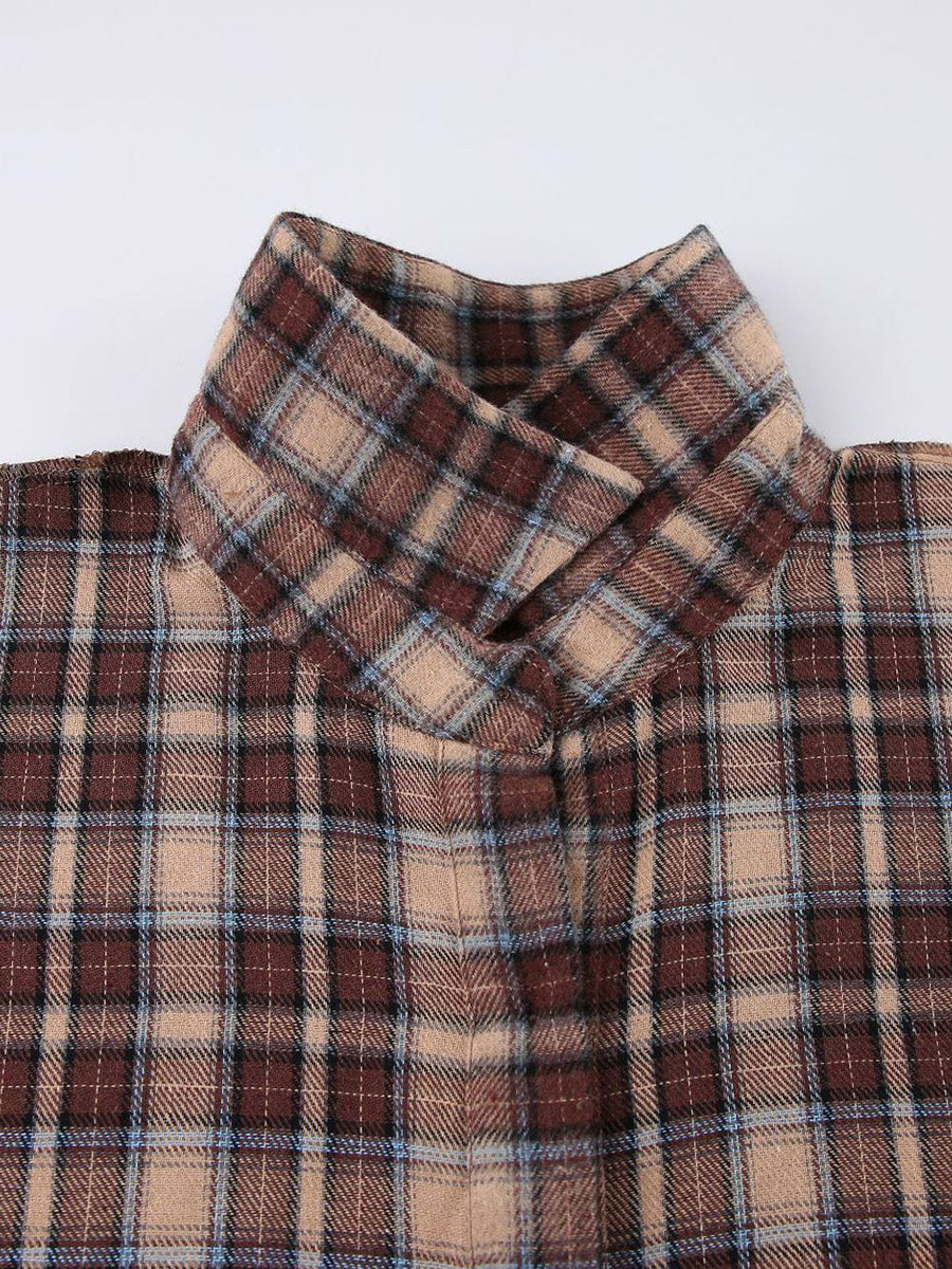 Long Sleeves Loose Buttoned Contrast Color Plaid Split-Joint Lapel Blouses&Shirts Tops Outerwear