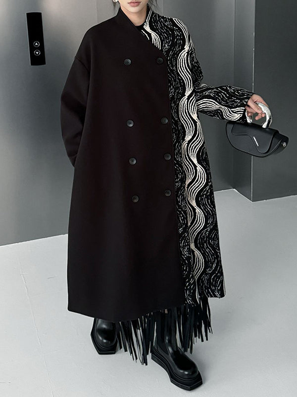 Long Sleeves Loose Buttoned Contrast Color Pockets Stand Collar Woolen Coat
