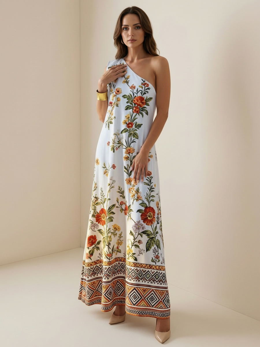 A-Line Sleeveless Contrast Color Flower Print Geometric Split-Joint One-Shoulder Maxi Dresses