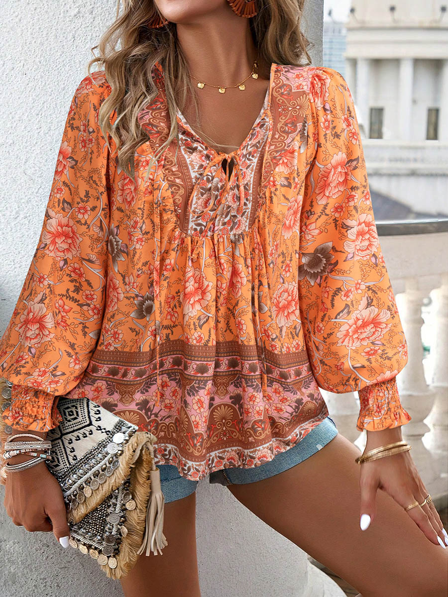 Long Sleeves Loose Contrast Color Drawstring Flower Print Pleated Split-Joint V-Neck Blouses&Shirts Tops