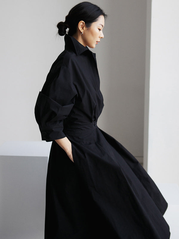 Long Sleeves Loose Buttoned Solid Color Lapel Midi Dresses