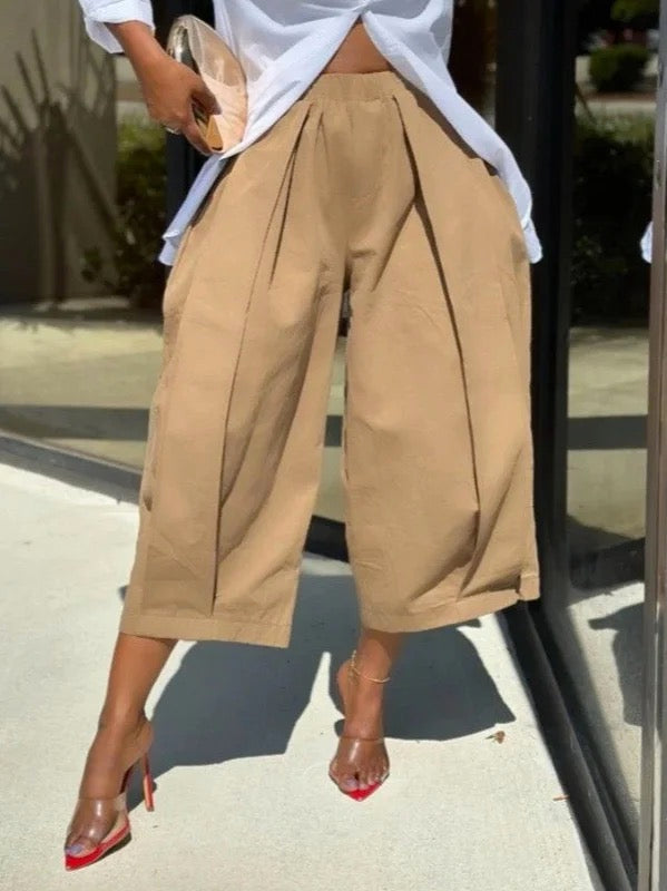 Loose Solid Color Capri-Pants Cropped Trousers