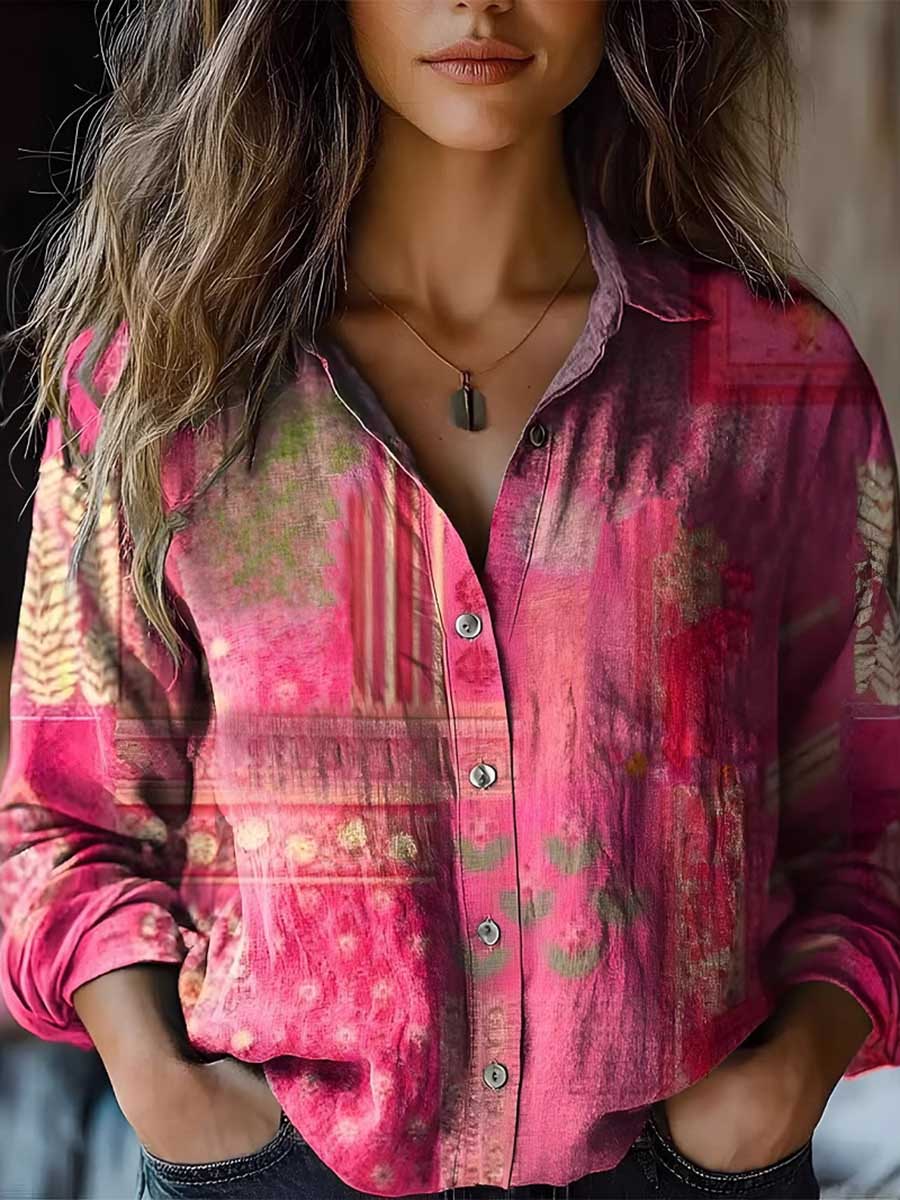Long Sleeves Loose Buttoned Contrast Color Printed Split-Joint Lapel Blouses&Shirts Tops