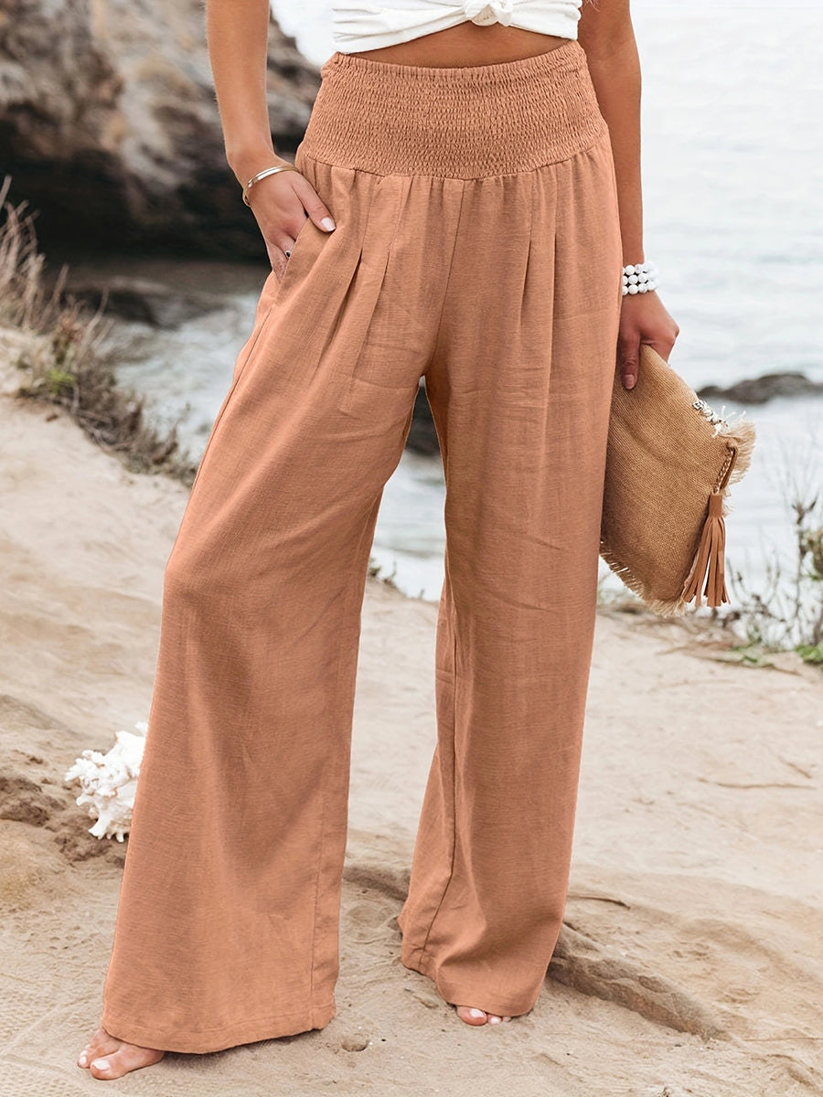 Elasticated Waist High Waisted Pleated Pockets Solid Color Split-Joint Pants