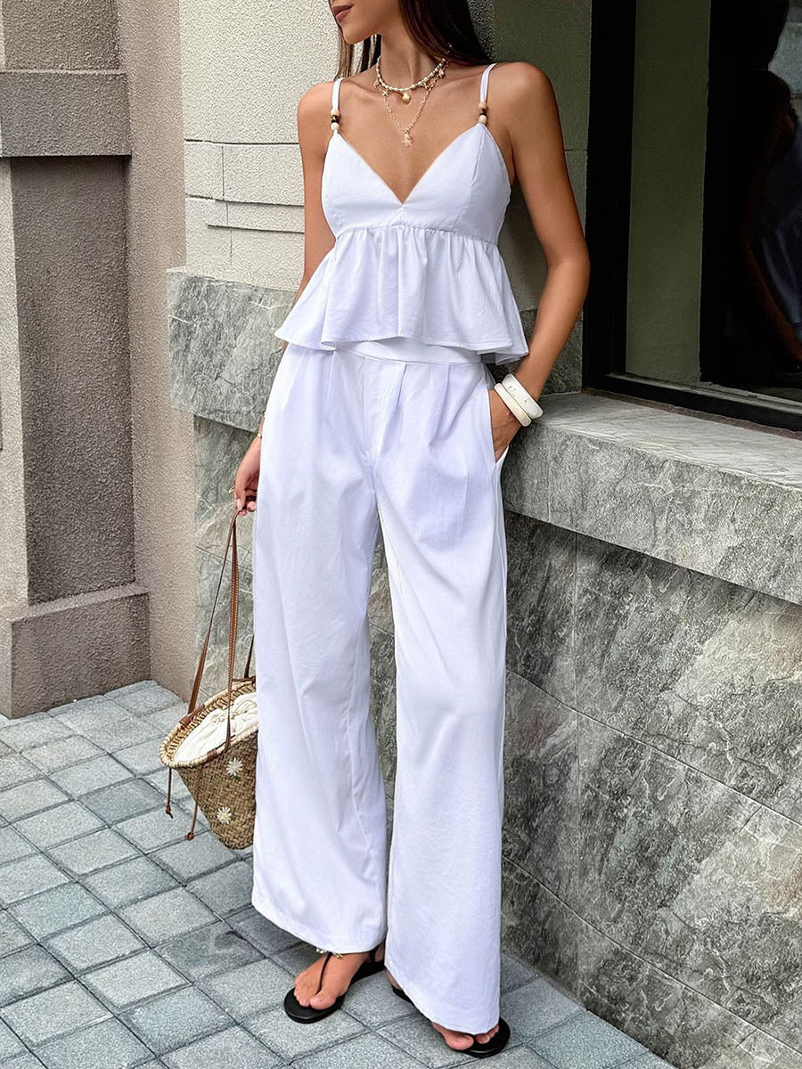 Solid Color Split-Joint Spaghetti-Neck Elasticated Waist High Waisted Pleated Ruffled Blouses&Shirts Tops +  Pockets Pants Two Pieces Set