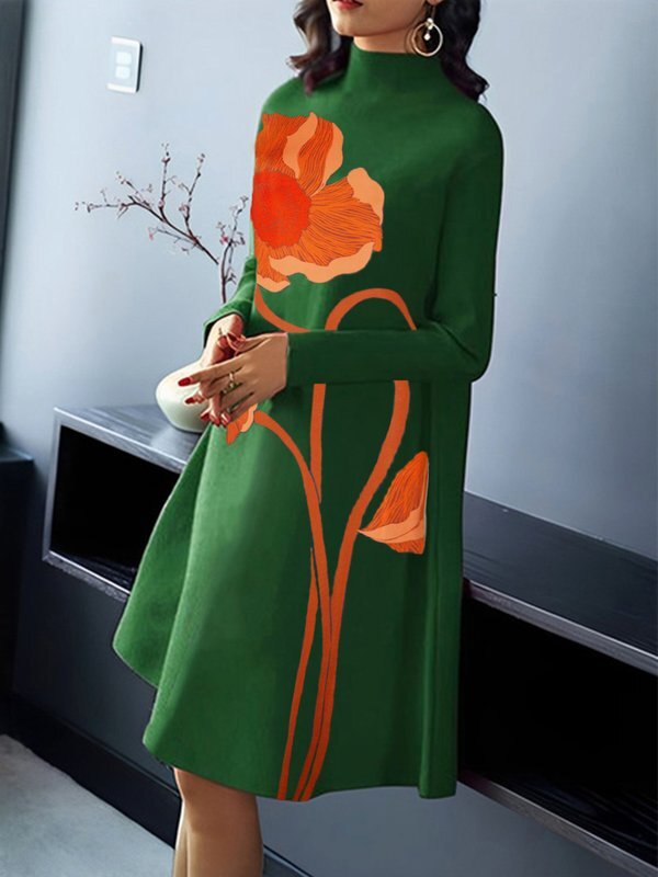 A-Line Long Sleeves Flower Print Split-Joint High Neck Midi Dresses