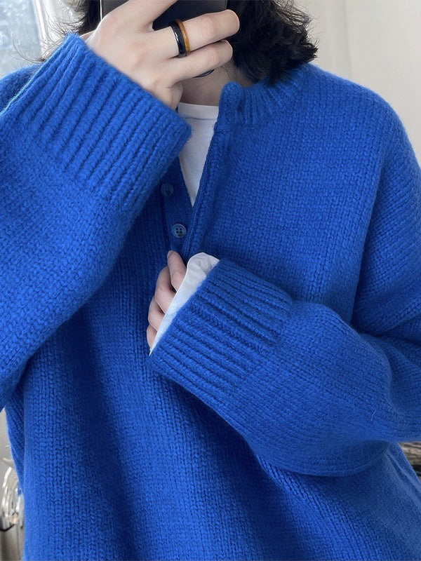 Long Sleeves Loose Solid Color Split-Joint Round-Neck Sweater Tops