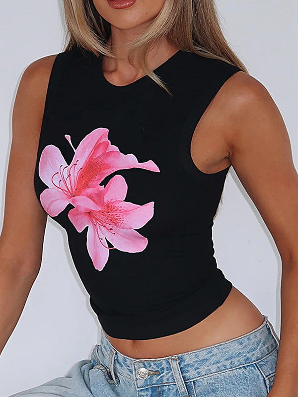Skinny Sleeveless Flower Print Round-Neck Vest Top