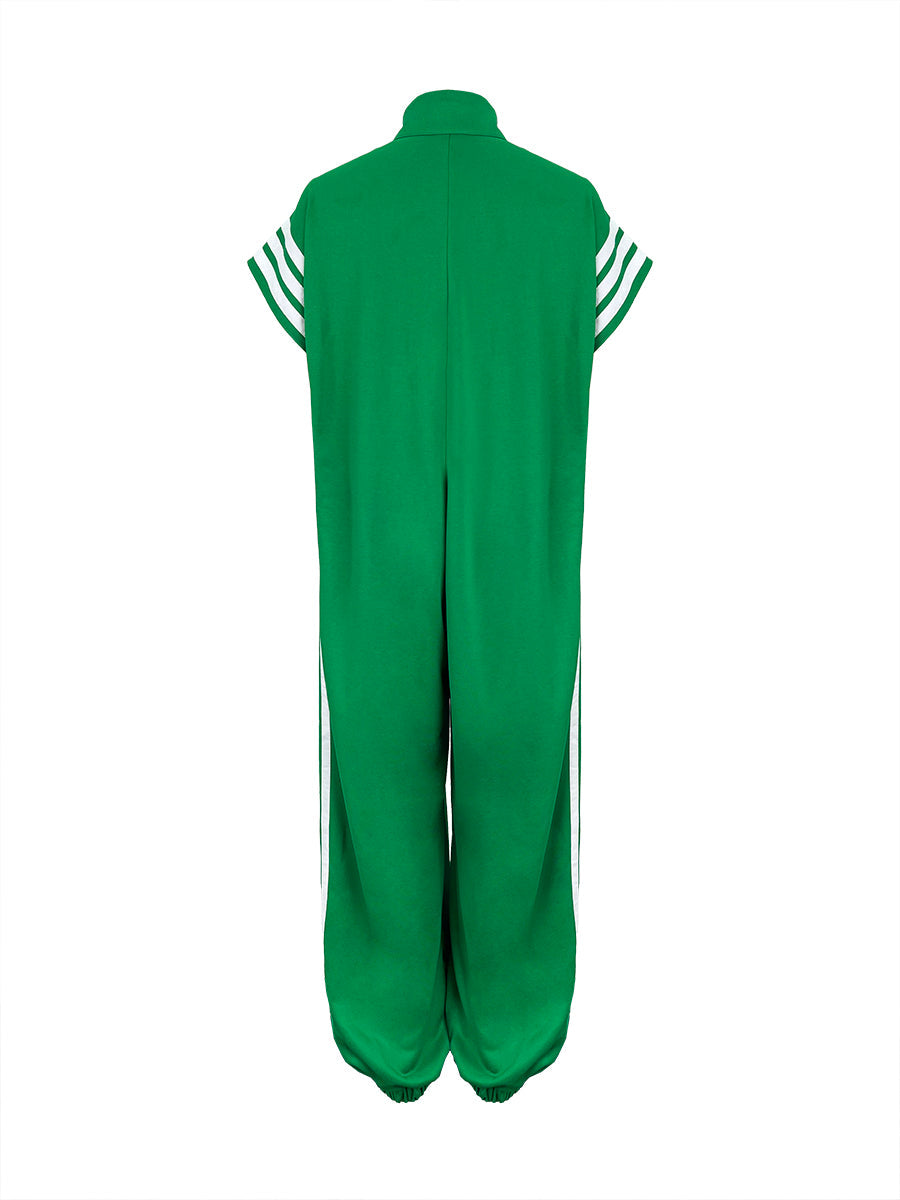 White Plus Size Contrast Color Pockets Split-Joint Striped Zipper Stand Collar Jumpsuits