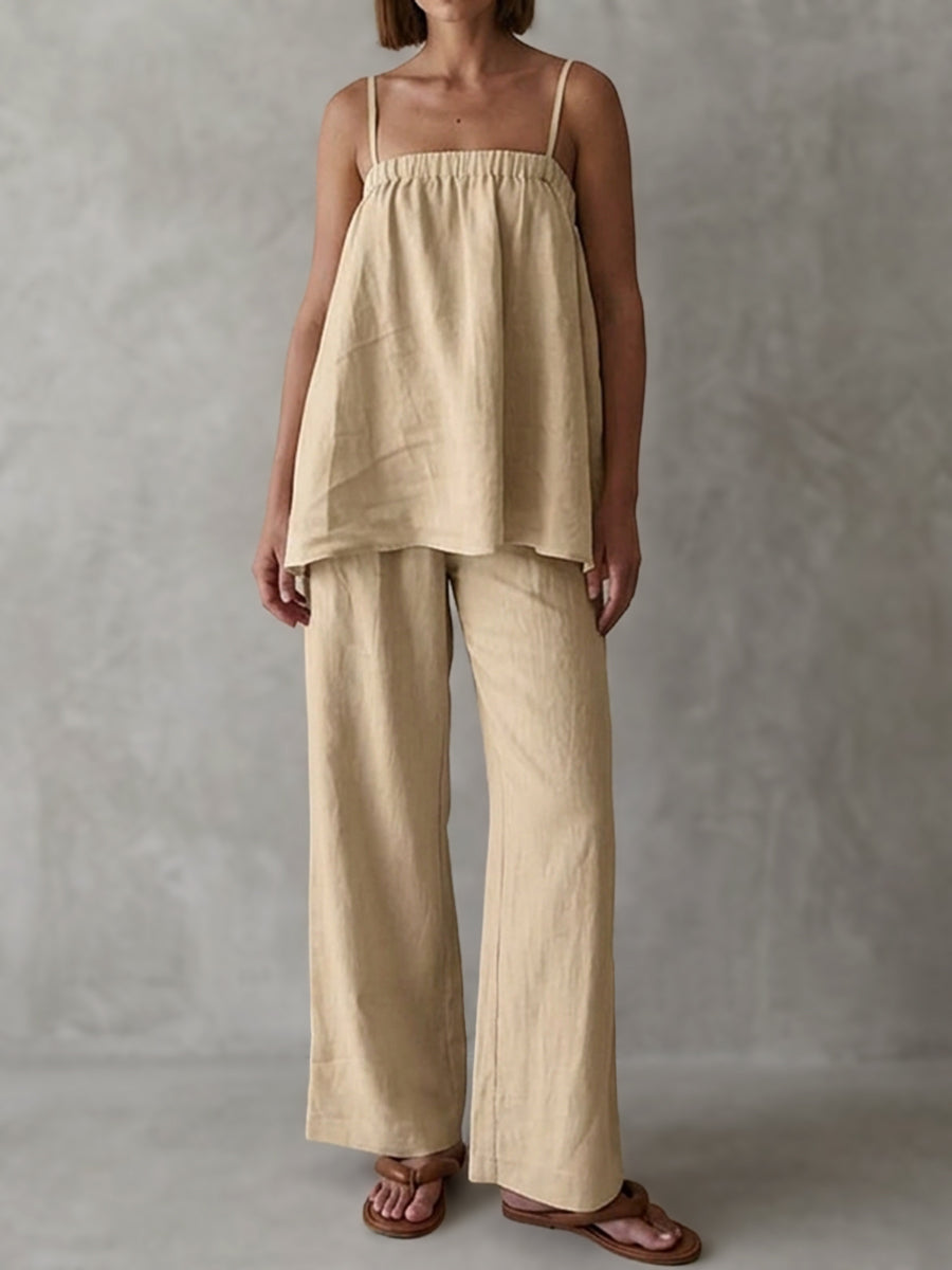 High Waisted Loose Elasticity Solid Color Spaghetti-Neck Vest Top +Pants Bottom Suits