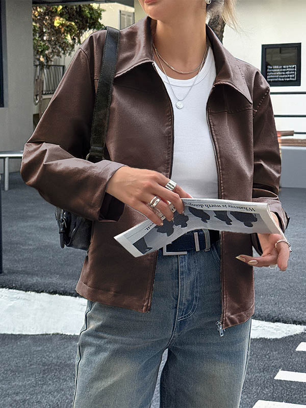 Long Sleeves Pockets Solid Color Zipper Lapel Jackets Overcoat