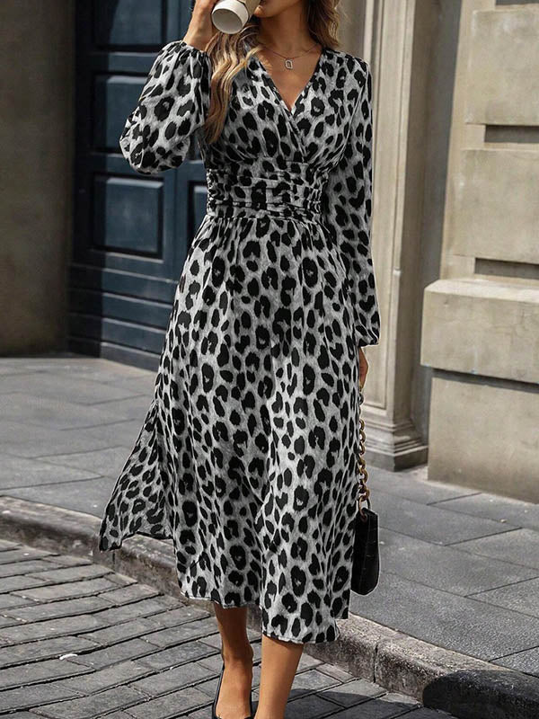 Elasticated Waist High Waisted Contrast Color Leopard Pleated Split-Joint V-Neck Maxi Dresses