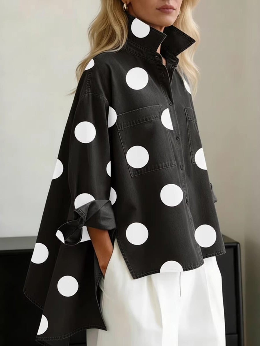 High-Low Irregularity Buttoned Contrast Color Pockets Polka-Dot Split-Joint Split-Side Stand Collar Blouses&Shirts Tops