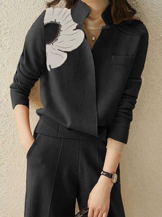 Long Sleeves Loose Asymmetric Floral Printed Split-Joint Lapel Cardigan Tops