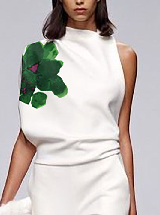 Loose Sleeveless Asymmetric Flower Print Mock Neck Vest Top