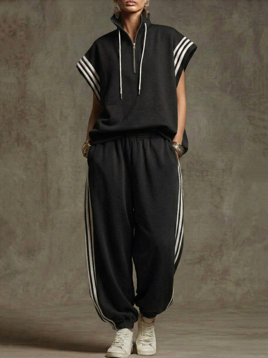 Loose Sleeveless Contrast Color Drawstring Split-Joint Striped Zipper Mock Neck Blouses&Shirts Tops