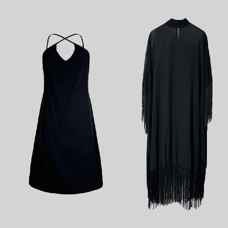 Batwing Sleeves Loose See-Through Solid Color Tasseled Mock Neck Maxi Dresses
