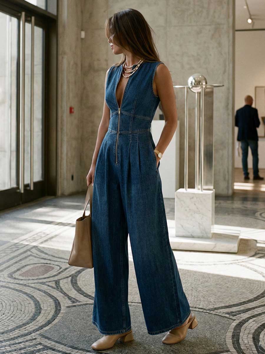 High Waisted Sleeveless Pleated Pockets Solid Color Zipper Round-Neck Jumpsuits